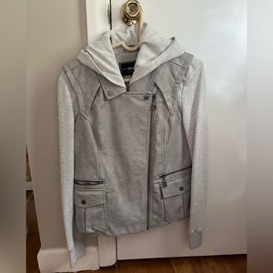 BNCI by Blanc Noir gray leather jacket with sweat sleeves and hood